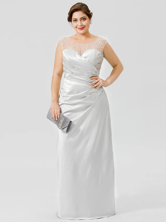 Wholesale Sheath / Column Mother of the Bride Dress Classic & Timeless Elegant & Luxurious Plus Size Jewel Neck Floor Length Satin Sleeveless No with Pleats Crystals